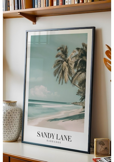 Sandy Lane Barbados Vintage Seyahat Posteri Çerçeveli Tablo - Premium Tropikal Sahil Elit Dekor Siyah