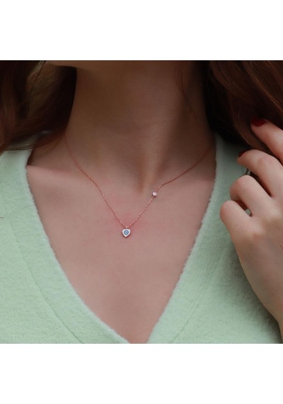 Kalp Figürlü Zirkon Taşlı Mine İşli Rose Gold Kaplama Gümüş Set Gümüş