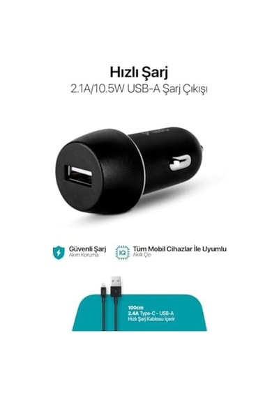 Smartcharger 2.1a Araç Şarj Aleti + Lightning İle Uyumlu Kablo Siyah