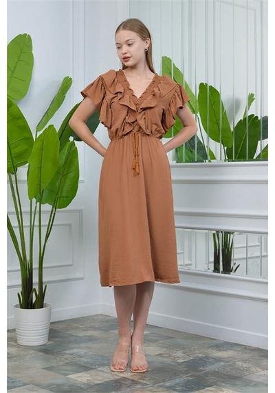 Neşeli Butik Kadın Yaka Ve Kolları Fırfırlı Bağlama Detaylı Ayrobin Elbise Nb10050 Taba