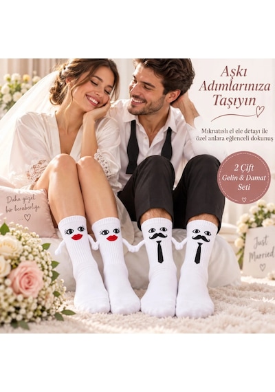 Womanandkids Wak Mıknatıslı Gelin Damat Çorabı 2 Çift El Ele Tutuşan Düğün Çeyiz Bohça Eğlenceli Set Beyaz