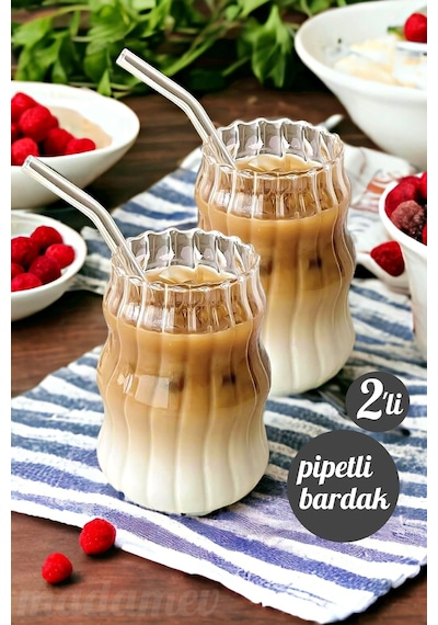 2'li Pipetli İskandinav Tarz Burgu Cam Bardak Seti Kahve Kokteyl Sunum Bardağı Borosilikat 400 Ml.