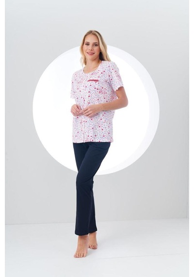 Pjs Kadın Desenli Önden Düğmeli Kısa Kollu Pijama Takım Beyaz
