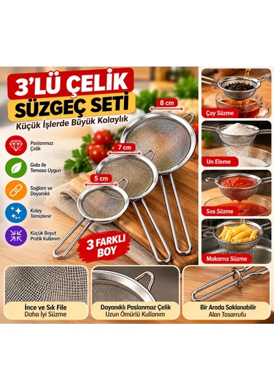 3'lü Paslanmaz Çelik Süzgeç Seti 5 Cm 7 Cm 8 Cm Mini Mutfak Süzgeci Çay Un Sos Metalik
