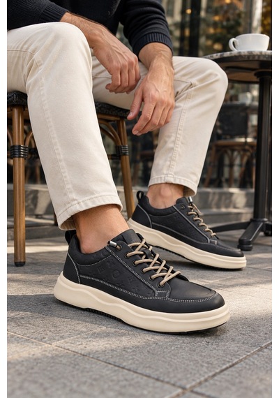 In Step Losta Erkek Siyah Deri Sneaker - Kalın Bej Tabanlı & Desen Detaylı Günlük Ayakkabı In Step Losta Erkek Siyah Deri Sneaker - Kalın Bej Tabanlı & Desen Detaylı Günlük Ayakkabı