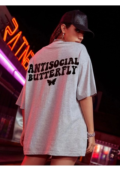 Flood Of Style Logo Baskılı Gri Tişört Antisocial Butterfly