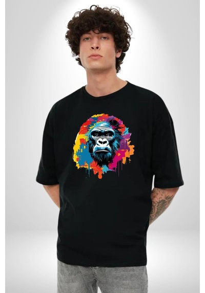 Renkli Maymun Goril Pamuklu Bisiklet Yaka Unisex Oversize Boyfriend Dijital Baskılı Siyah T-shirt Siyah