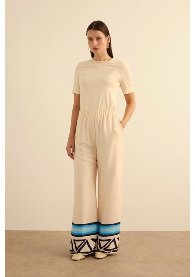 Aker Çizgi Desenli , Beli Lastikli Cotton Pantolon Mavi Mavi