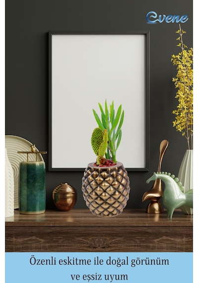 Saksı Çiçek Kaktüs Saksısı Lüx 15 cm Altın Eskitme Varak Boyalı Ananas Desen Saksı Çiçeklik