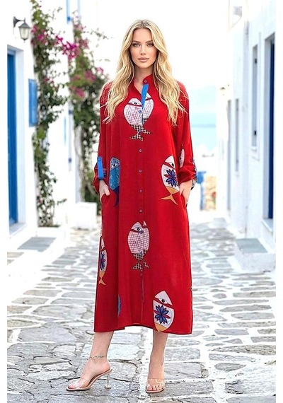 Veraura Lifestyle Kırmızı Balıklı Gömlek Elbise