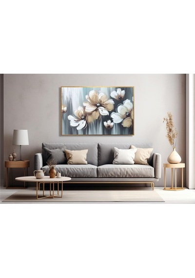 Yağlı Boya Dokulu Tablo Soyut Krem Beyaz Çiçekler Altın Çerçeveli U02027-178881