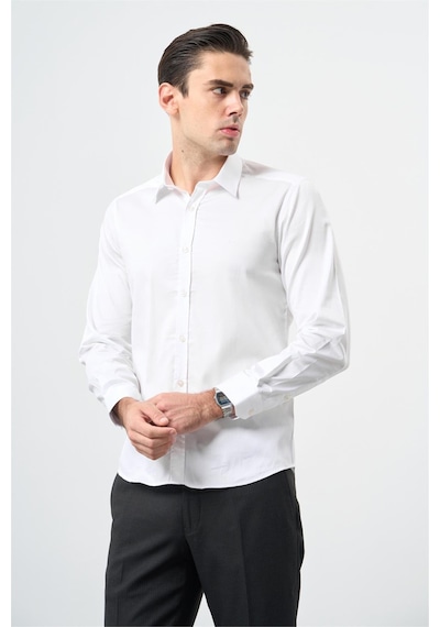 İmza Beyaz Uzun Kol Düz Bez Ayağı 032 Sert Yaka Classic Slim Fit Gömlek 1004245324 Beyaz