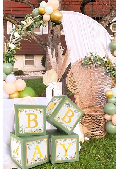 Küf Yeşili Temalı Baby Shower Set Adaçayı Baby Kutu, Ayıcık Folyo Ve Lateks Balon Set Yeşil