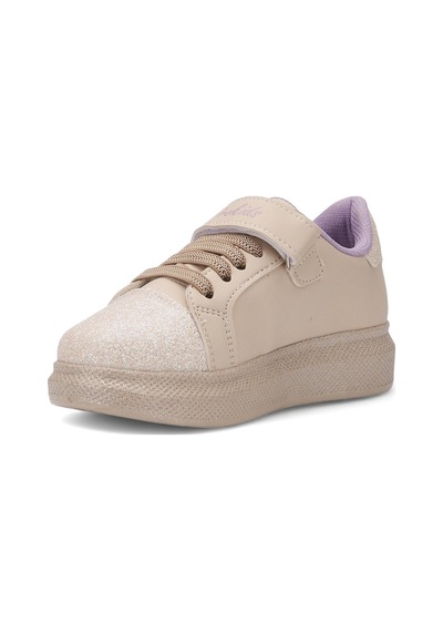 Günlük Kız Çocuk Sneaker Püskül Detaylı Oval Simli Burun Lastik Bağcıklı Cırtlı Spor Ayakkabı 3740 Bej