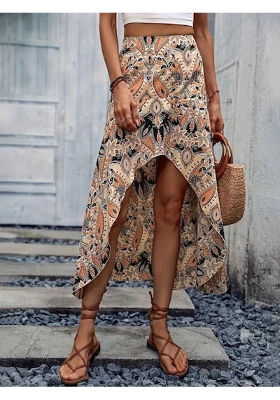 Defymoda Kadın Yüksek Bel Çiçek Desenli Önü Asimetrik Detaylı Uzun Süprem Etek