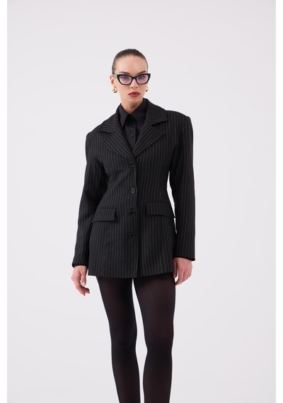 Holly Lolly Belden Oturmalı Çizgili Fit Kesim Karen Blazer Ceket Siyah