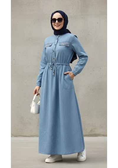 Hb Harma Time Butik Kadın Taş İşlemeli Düğmeli Açık Mavi Kot Elbise