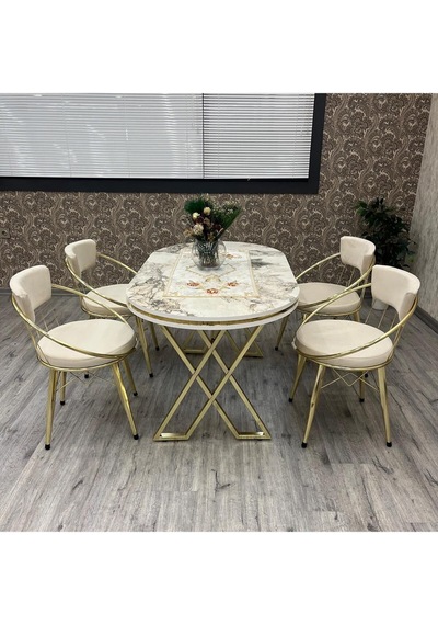 Mutfak Masa Sandalye Takımı Selenit 80-140 Oval Gold 4 Kişilik Mutfak Masası Takımı Gold