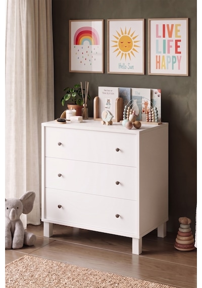 Yurudesign Noren Şifonyer 3 Çekmece Ahşap Ayaklı Bebek Ve Çocuk Odası Beyaz Nr1-w