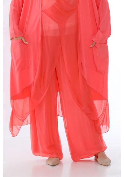 Bohem Stil Italyan Ipek Detaylı Oversize Kap Bluz- Wes Pantolon Takım-8789 Görsel