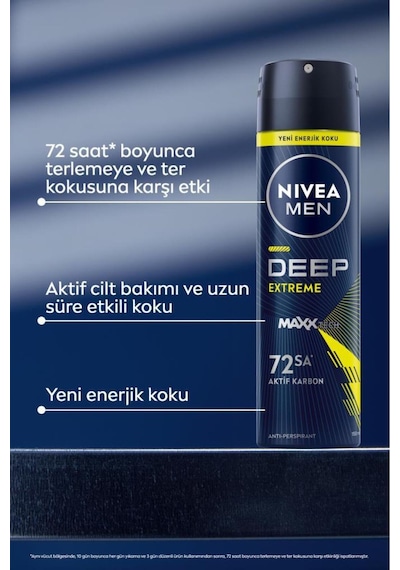 Men Erkek Sprey Deodorant Deep Extreme 150ml, 72 Saat Anti-perspirant Ter Koruma, Yeni Enerjik