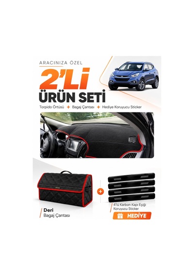 Hyundai İx35 2009-2015 Uyumlu Torpido Örtüsü + Deri Bagaj Çantası + Sticker Seti - Siyah Kırmızı