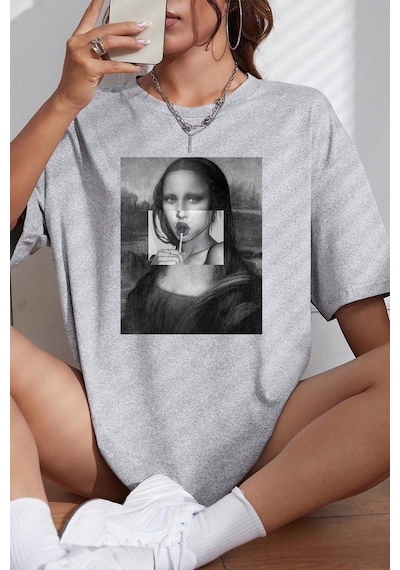 Unisex Mona Lisa Baskılı Tasarım Tshirt Gri