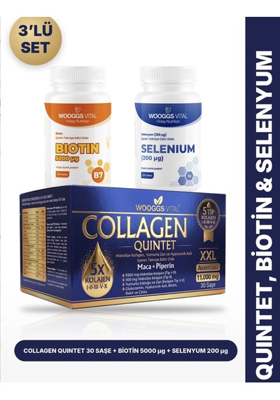 Hotay Nutrition Wooggs Vital Collagen Quintet 5 Tip Kolajen 30 Saşe + Biotin 5000 Mcg + Selenyum 200 Mcg 3'lü Set