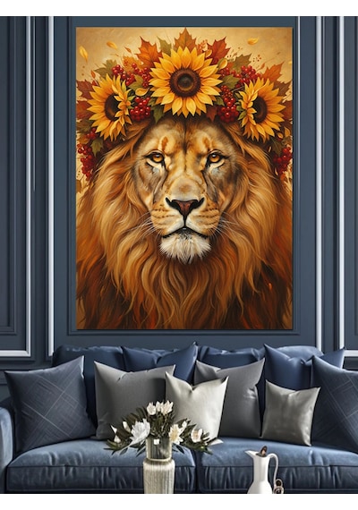 Ahşap Tablo Çiçek Şapkalı Aslan