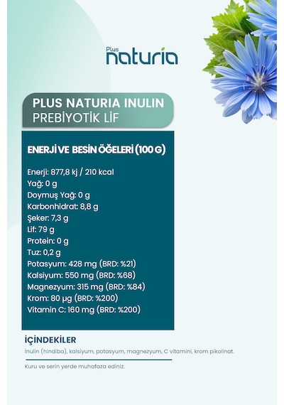 Plus Naturia İnülin Prebiyotik Lif Vegan, Glutensiz, C Vitamini Takviyeli 400g
