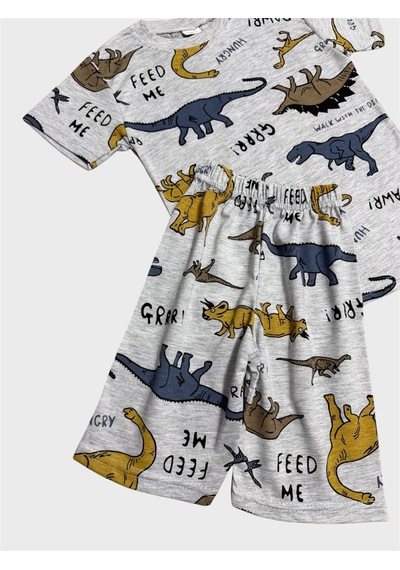 Aliş Kids Erkek Çocuk Pamuklu Gri Dinozor Desenli Kısa Kollu Şortlu Yazlık Pijama Takımı