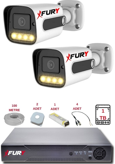 Fury 2 Kameralı Set Full Hd Gece Renkli Görüş - Cepten İzle - Su Geçirmez Güvenlik Kamerası Seti 1tb