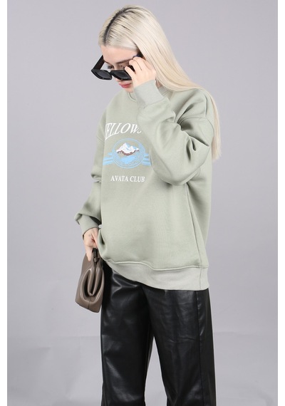 Mint Yeşili Bisiklet Yaka Baskılı Sweatshirt Mg1571
