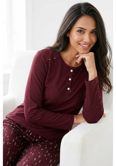 Aura Collections Kadın Pamuklu Uzun Kollu Üç Düğmeli Biyeli Soft Örme Pijama Takımı Bordo