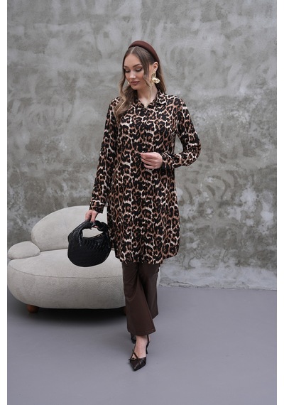 Polologin Butik Leopar Desenli Kahverengi Gömlek Tunik Siyah & Kahverengi