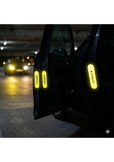 Reflektif Araç Kapı Uyarı Stickerı 2'li Set Gece Görünür Güvenlik Bandı Yapışkanlı, Suya Dayanıklı, Open Yazılı Kapı Açılınca Uyarı Etiketi Sarı Renk