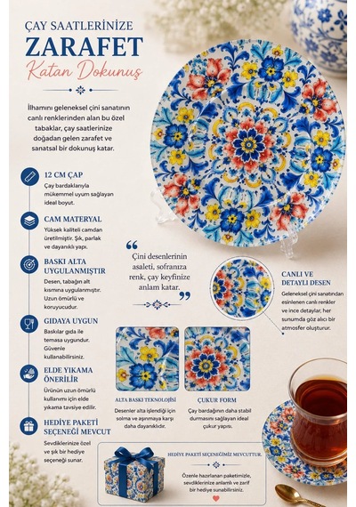 6 Lı Cam Çay Tabağı - Çini Çiçek Desenli 12 Cm - 6 Adet Çay Tabak Lacivert