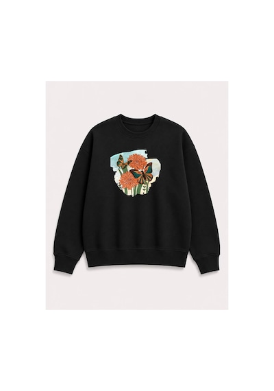 Herkesemoda Kelebek Ve Çiçek Baskılı 2 İplik Şardonlu Bisiklet Yaka Sweatshirt Siyah