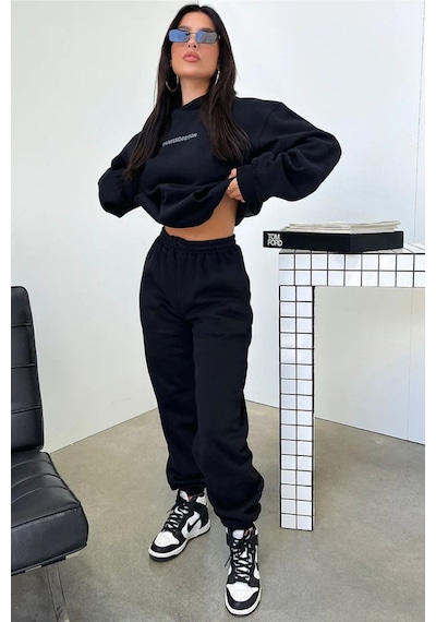 Siyah That So Fetch Eşofman Takımı - Baskılı Oversize Kapüşonlu Şardonlu Siyah