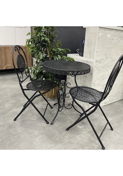 Ferforje Masa Sandalye Balkon Takımı Siyah 1 Masa 2 Sandalye 60cm