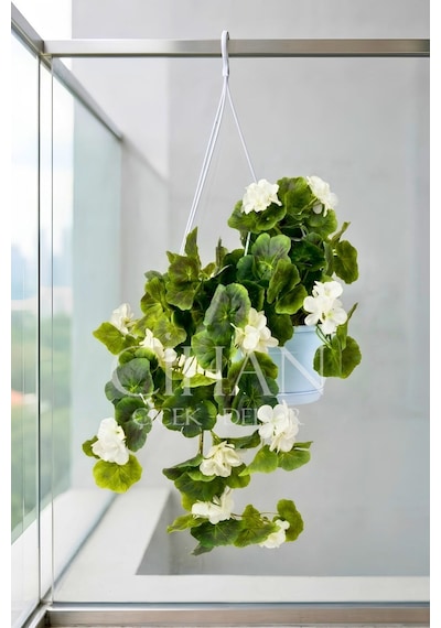 Askılı Saksıda Yapay Sarkan Sardunya - 100 Cm Balkon Ve Teras Çiçeği Beyaz