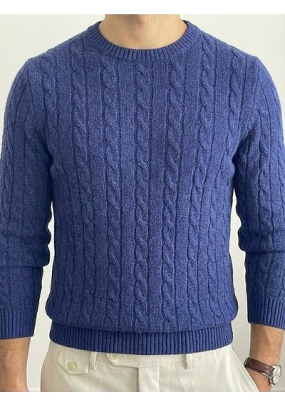 Erkek Lacivert Bisiklet Yaka Slim Fit Saç Örgülü Triko Kazak Lacivert
