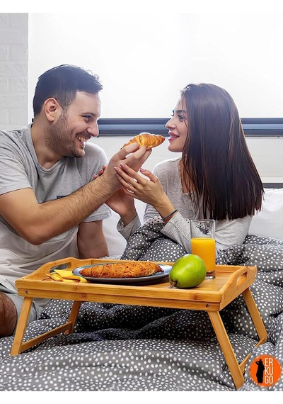 Katlanır Ayaklı Bambu Yatak Keyif Tepsisi 50cm 30cm , Portatif Tepsi Kahverengi