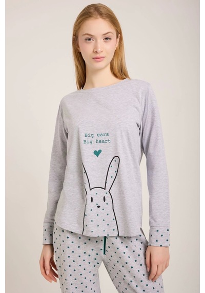 Kadın Gri Tavşan Baskılı Pijama Takımı Gri