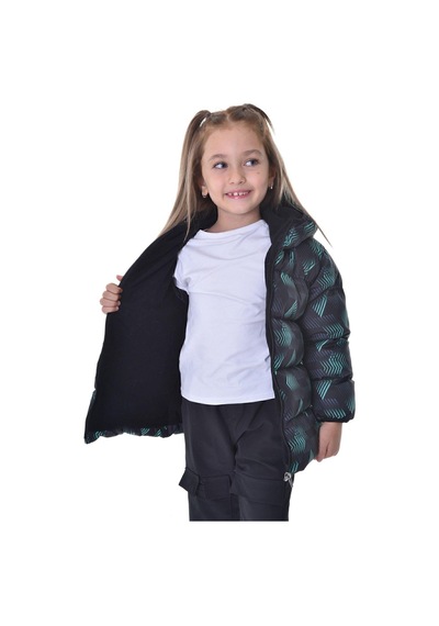 Spor Kız Çocukdijital Desen Polar Su Ve Rüzgar Geçirmez Kapüşonlu Şişme Mont-124 Siyah - Yeşil