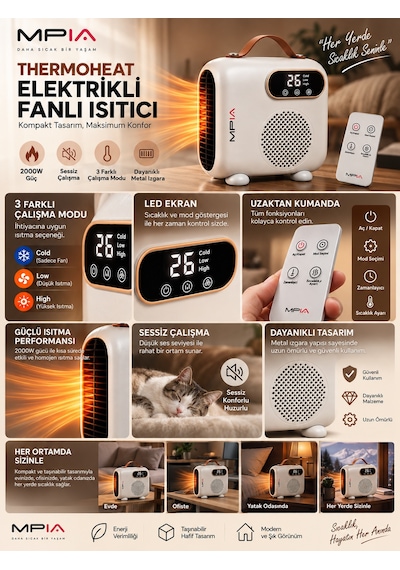 Mpia Thermoheat 2000w Uzaktan Kumandalı Elektrikli Fanlı Isıtıcı 25 M² Etkili Portatif Masaüstü Isıtıcı