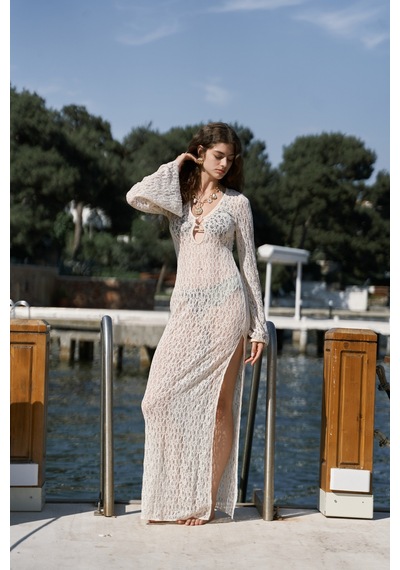 Mai Collection Mai Studios Co. Caroline Dantelli Bej Uzun Elbise Bej