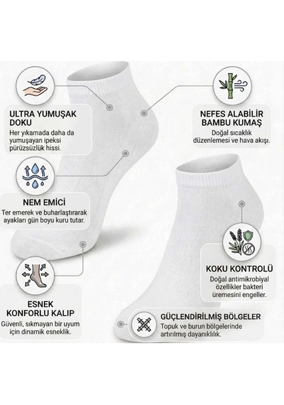 DS Wak Kadın Bambu Patik Çorap 12'li Nefes Alan Nem Emici Yumuşak, Siyah Beyaz Gri