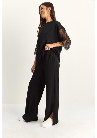Shade Kadın Kolları Dantelli Oversize Basic T-shirt Beli Lastikli Bol Pantolon Alt-üst Modal Takım 4115 60286085 - Siyah
