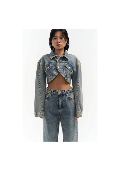 Mai Collection Mai Studios Co. Cali Çapraz Detay Kirli Yeşil Crop Jean Ceket Mavi